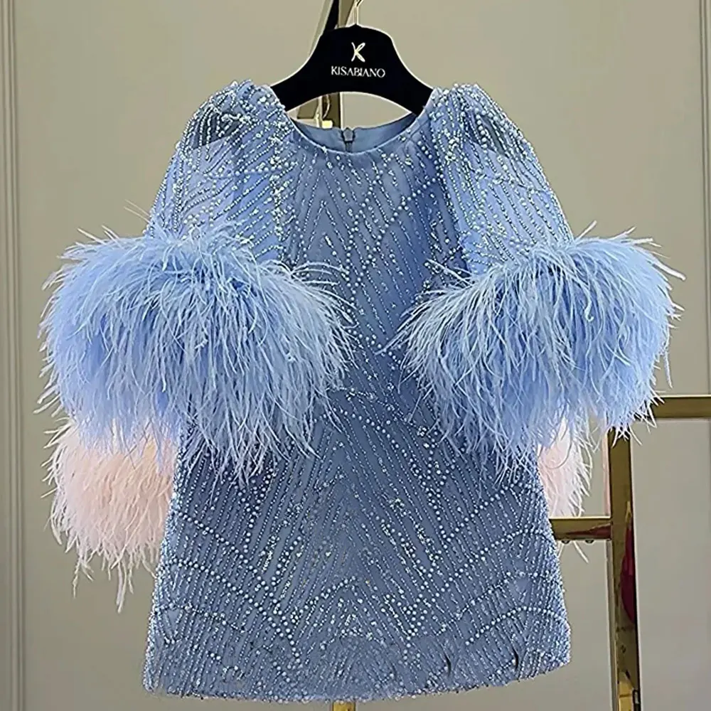 Jill Wish Luxury Blue eid al-fitr Girl Dress Feathers Cap Sleeve Kid Princess Wedding Birthday Holiday Pink Party Gown 2024 J170