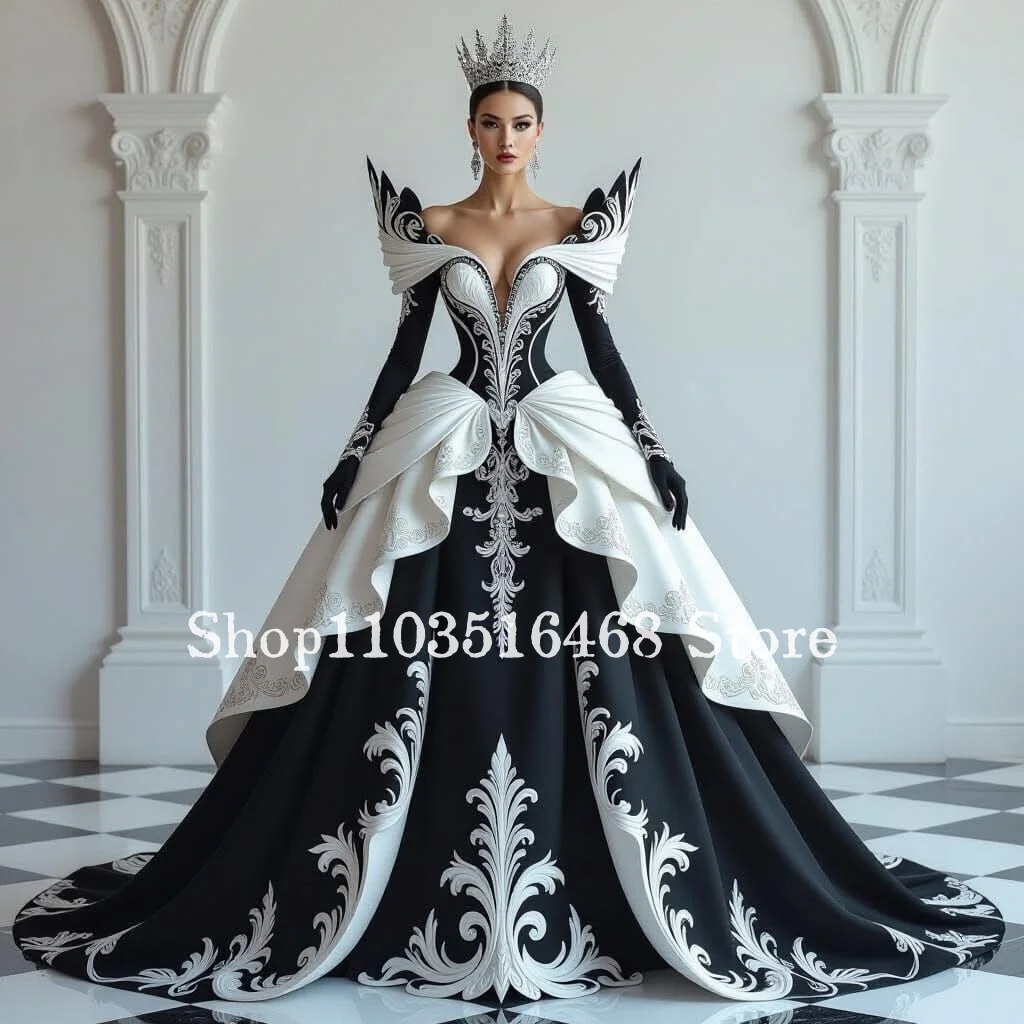 Maßgeschneidertes schulterfreies schwarz-weißes Gothic-Abschlussballkleid, dunkles Märchen-Cosplay-Kleid, Maskenballkleid, Halloween 2026
