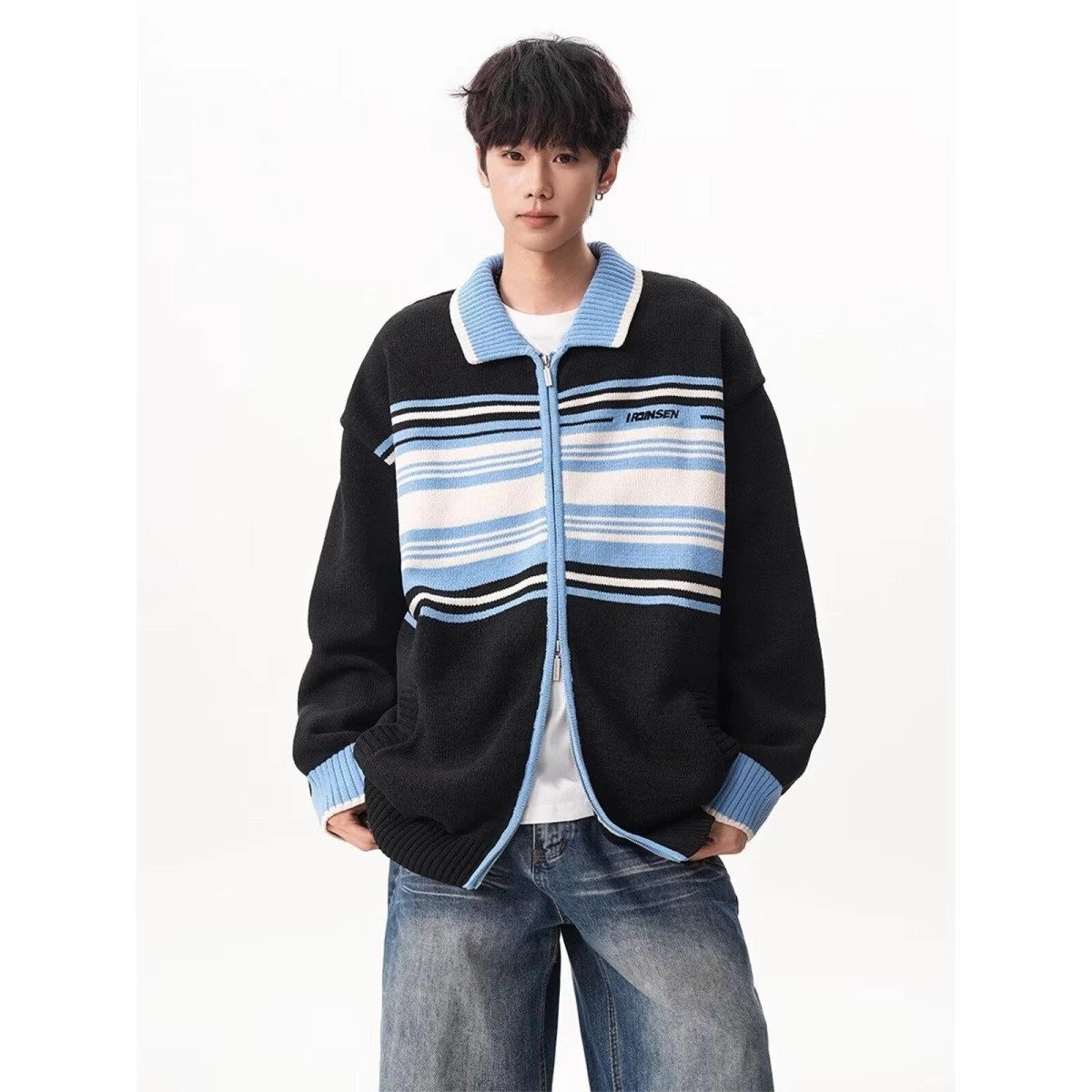 

Американский Sle, повседневный дизайн на молнии, полосатый открытый кардиган, свитер, женский студенческий осенне-зимний свободный ленивый вязаный свитер