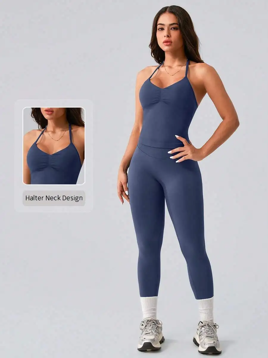 

Womens Halter Neck Yoga Set Ribbed Elastic Tank Top And Leggings For Fitness Running