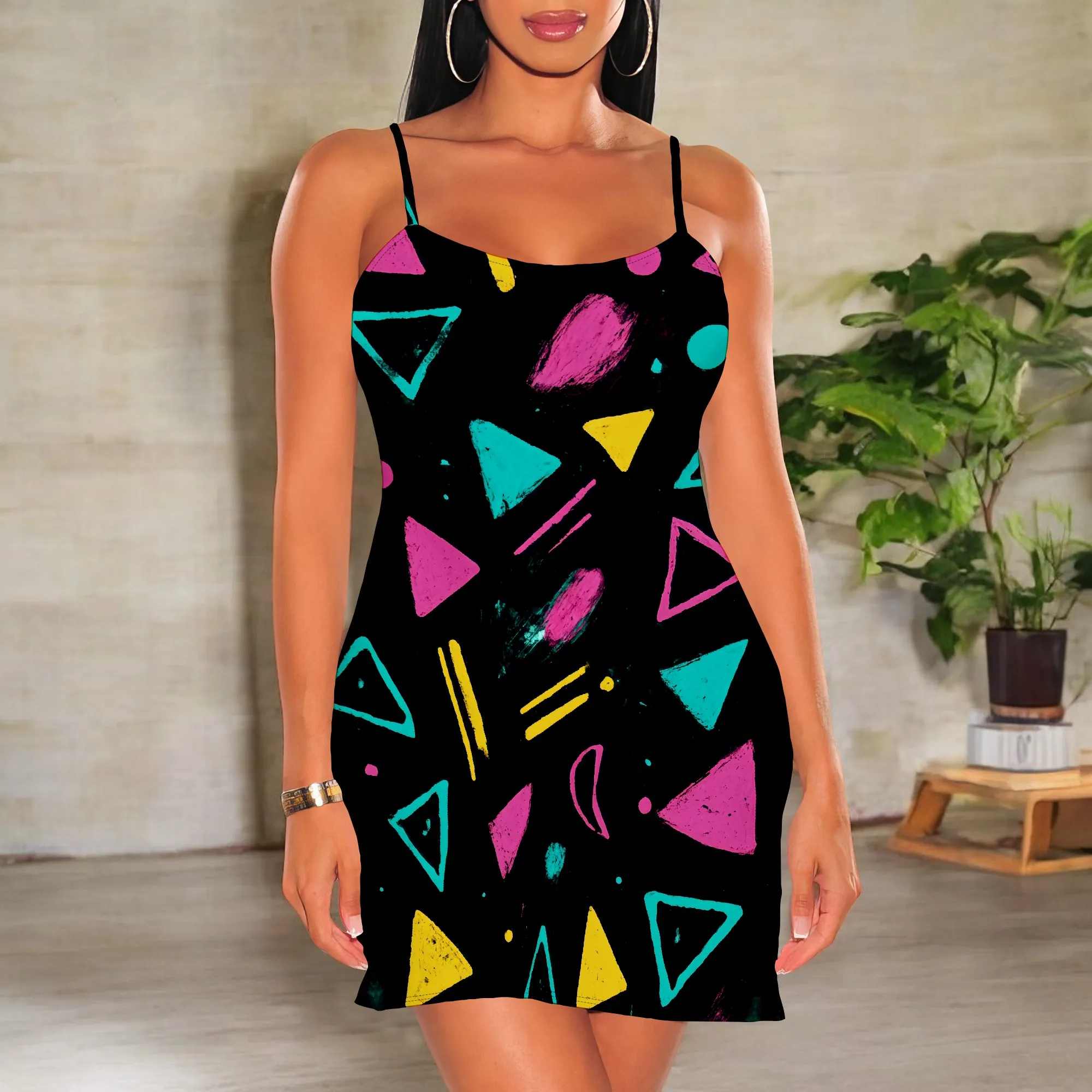 

Y2K Geometric Print Mini Dress for Women Sexy Spaghetti Strap 80s Neon Bodycon Clubwear Summer 2025 Night Party Dress S-3XL