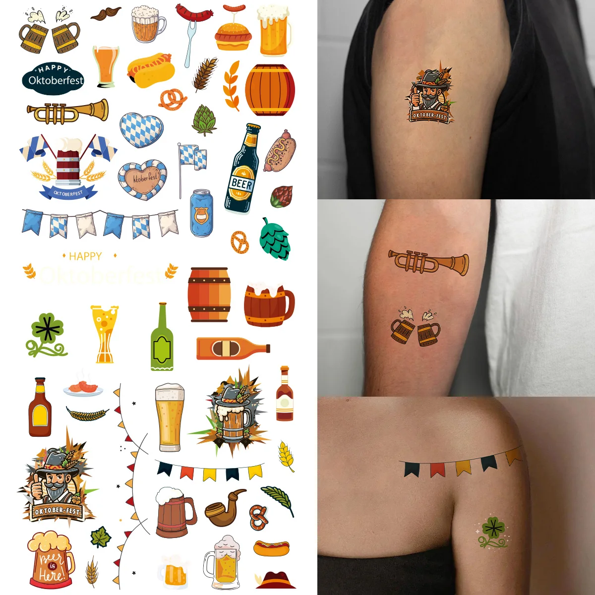 4pcs Funny Oktoberfest Theme Waterproof Tattoo Stickers Creative German Bavarian Beer Party Decoration Wrist Finger Tattoo