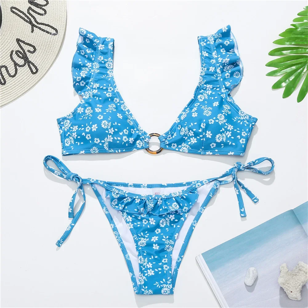 Vintage Floral Bikini Ruffles Swimsuit Bowknot Bandage Swimwear Women 2-Piece Micro String Tangas Beach Biquini Vacation Outfits