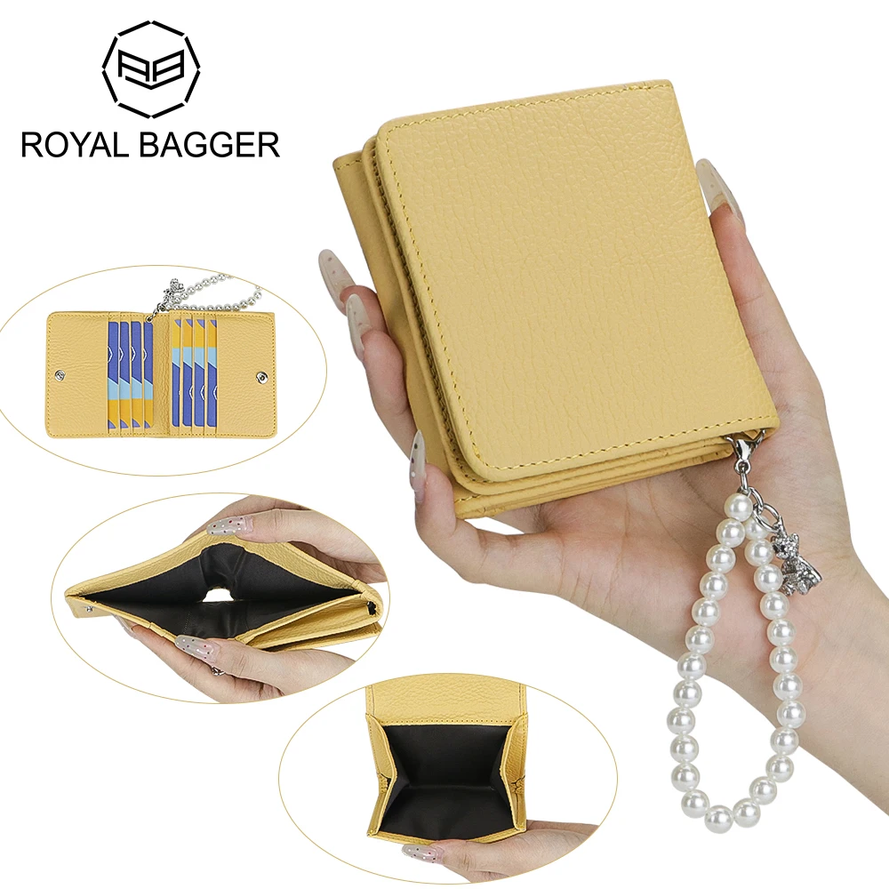 Royal Bagger Portable Bifold Short Wallets, Genuine Leather Women's Coin Purse, Fashion Card Holder with Bead Wristband 1936