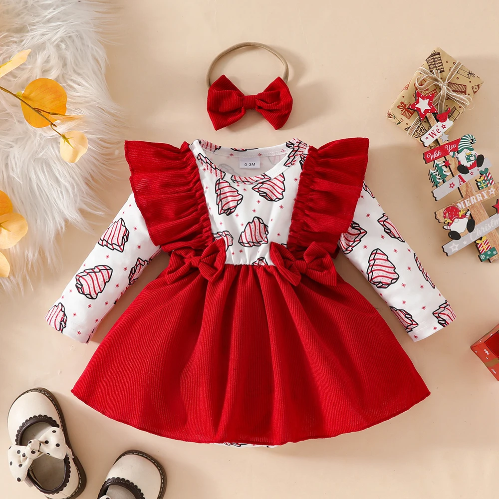 0-18 M Autumn Baby Girls Clothes Christmas Infant Bodysuit False 2Pcs Cheese Print Jumpsuit Toddler New Year One Piece Dress