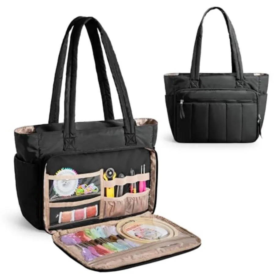 

LUXJA Lightweight Puffy Embroidery Bag with Multiple Pockets Large Soft Quilted Embroidery Storage Organizer for Cross Stitch K
