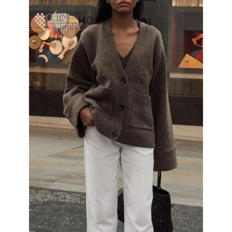 

Женский укороченный кардиган с V-образным вырезом, вязаный свитер-пальто с длинными рукавами и карманами, повседневная уличная одежда, новая осенняя мода