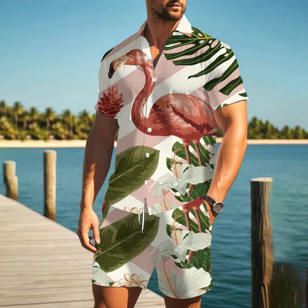 Men\'s Beach Shirt Shorts Two Piece Holiday Beach 3D Printed Shirt Short Sleeve Shorts Set Plus Size Menswear Flamingo Printed