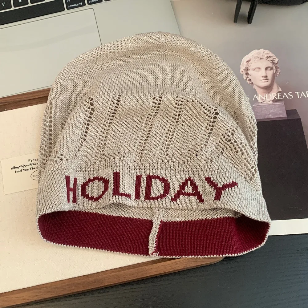 

Casual Vintage Sequin Knitted Hat Cool Hollow Letter Beanie Hat Thin Mixed Color Woven Cap Winter