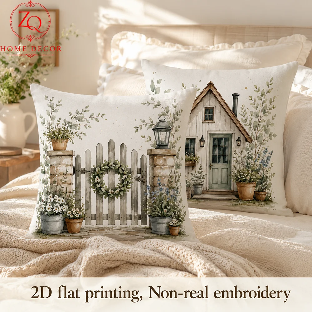 Rustic Fence Cushion Cover 2D Flat Printed Peach Skin Wooden House Pillowcase Botanical Garden Throw Pillow Case Porch Bed Couch