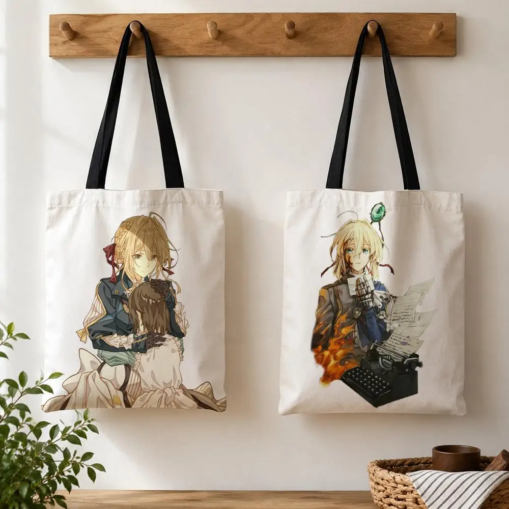 Anime V-Violet E-Evergarden Storage Bags Large Capacity Canvas Tote Bag Double-Sided Print Shoulder Handbag for Daily Shopping