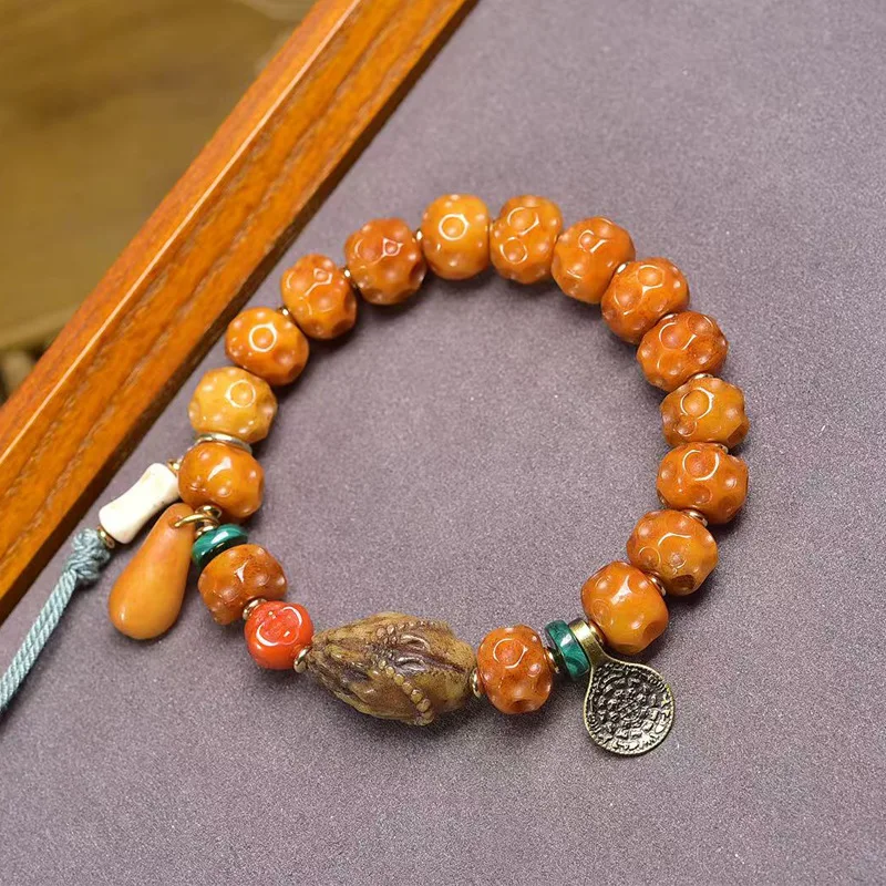 النمط التبتي المستصلح العظام منحوتة حبلا واحدة الفضة مطلي الزجاج الطاووس حجر العقيق البوذية الصلاة حبة سوار #1