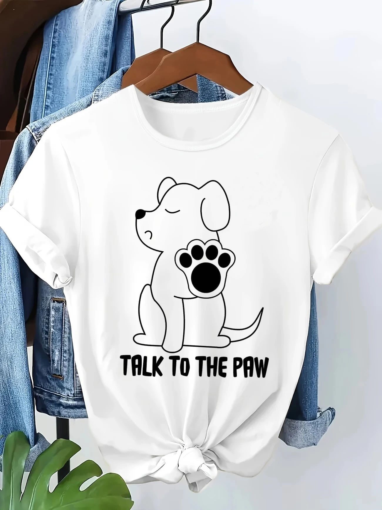 Grafik-T-Shirt mit Aufdruck „Talk To The Paw“ Cartoon-Hund-Kunstdruck 90er Jahre Katze Damen Casual Y2K Kurzarm-T-Shirt Kleidung Top Tee