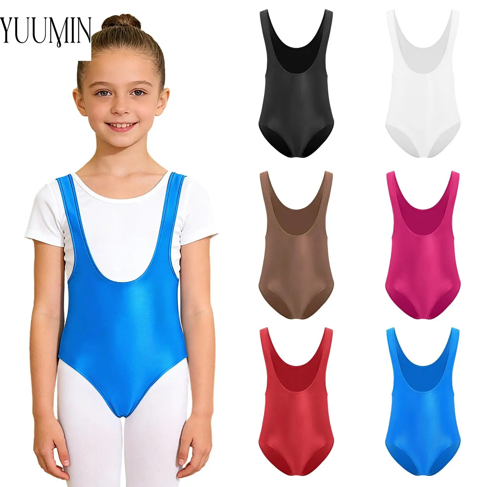 

Детский глянцевый трико для художественной гимнастики для девочек, боди без рукавов с глубоким U-образным вырезом для занятий йогой, спортивных гимнастических упражнений, соревнований