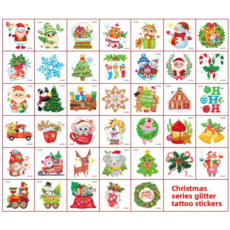 

40Christmas Glitter Cartoon Tattoo Stickers Waterproof Cute Snowflake Santa Claus Face Stickers Arm Stickers In Stock