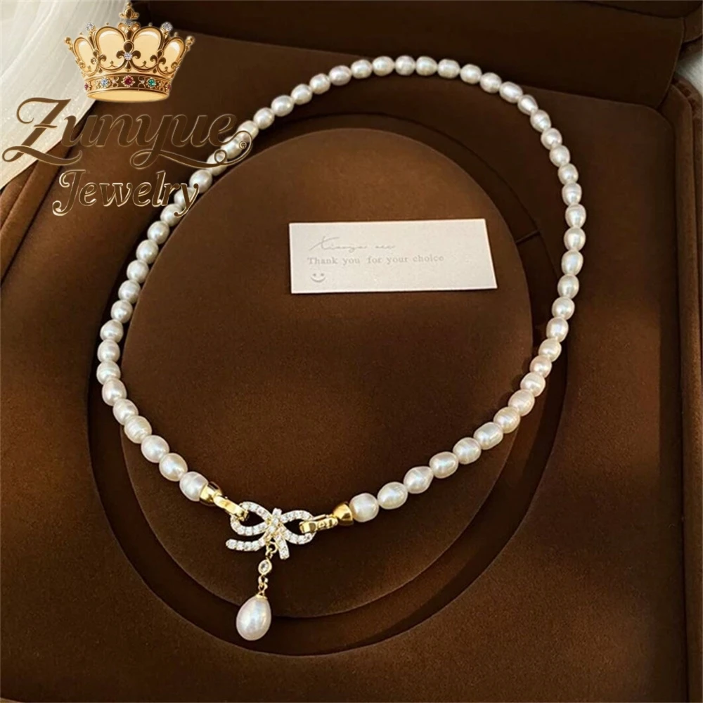 Bowtie Freshwater Pearl Necklace Simple Senior Sense Collarbone Chain Light Luxury Small Collar Chain Ornaments Charms Exquisite