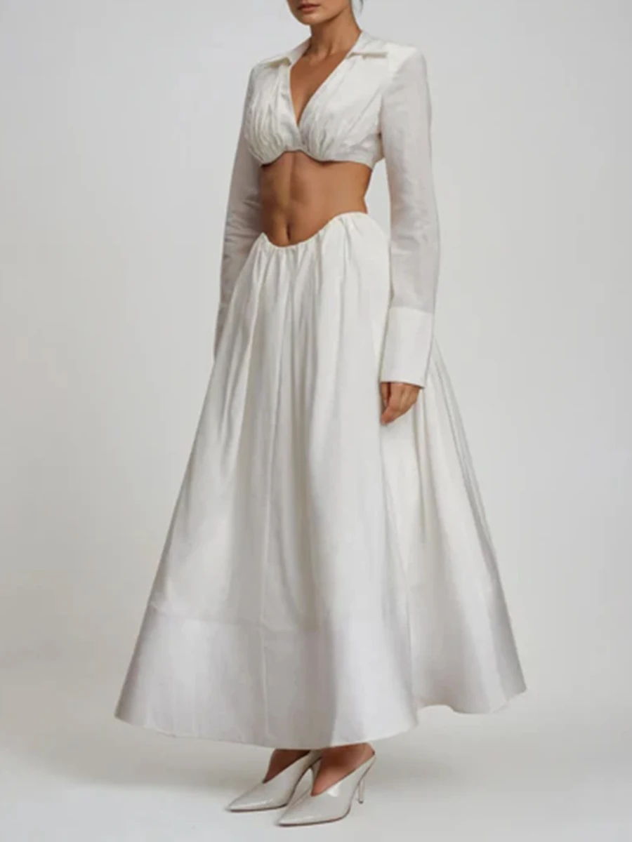 VGH-Conjunto de dos piezas adelgazante para mujer, minivestido Sexy de manga larga con cuello de pico, falda de cintura alta, conjunto de temperamento, moda femenina, nuevo