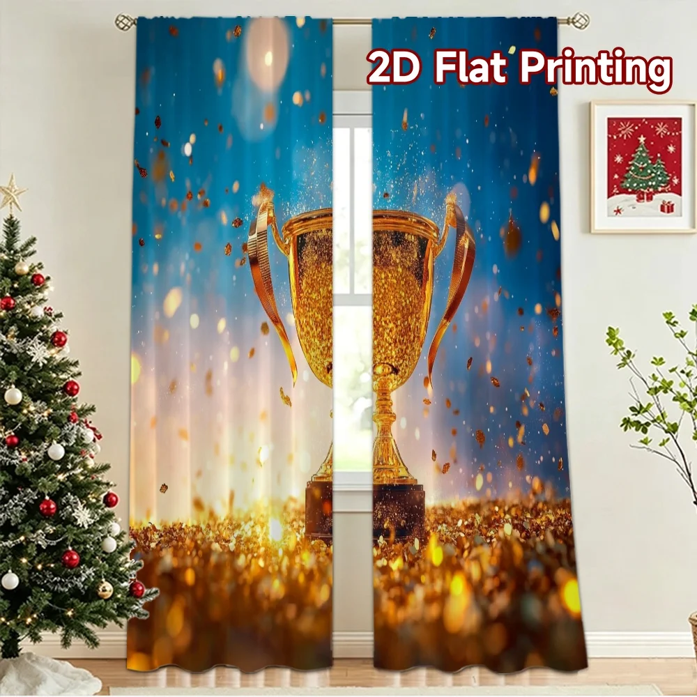 2D flat 2pcs Curtain Home Short Curtains Golden Trophy Confetti Durable polyester fiber Party & Holiday Decor Use for Festive