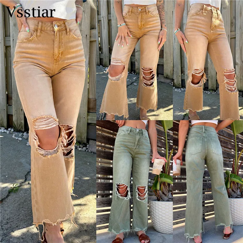

Vsstiar New Designer Hole Women Pants High Waist Hollow Out Pockets Casual Flare Pants Fashion Streetwear Chic Trousers Dropship