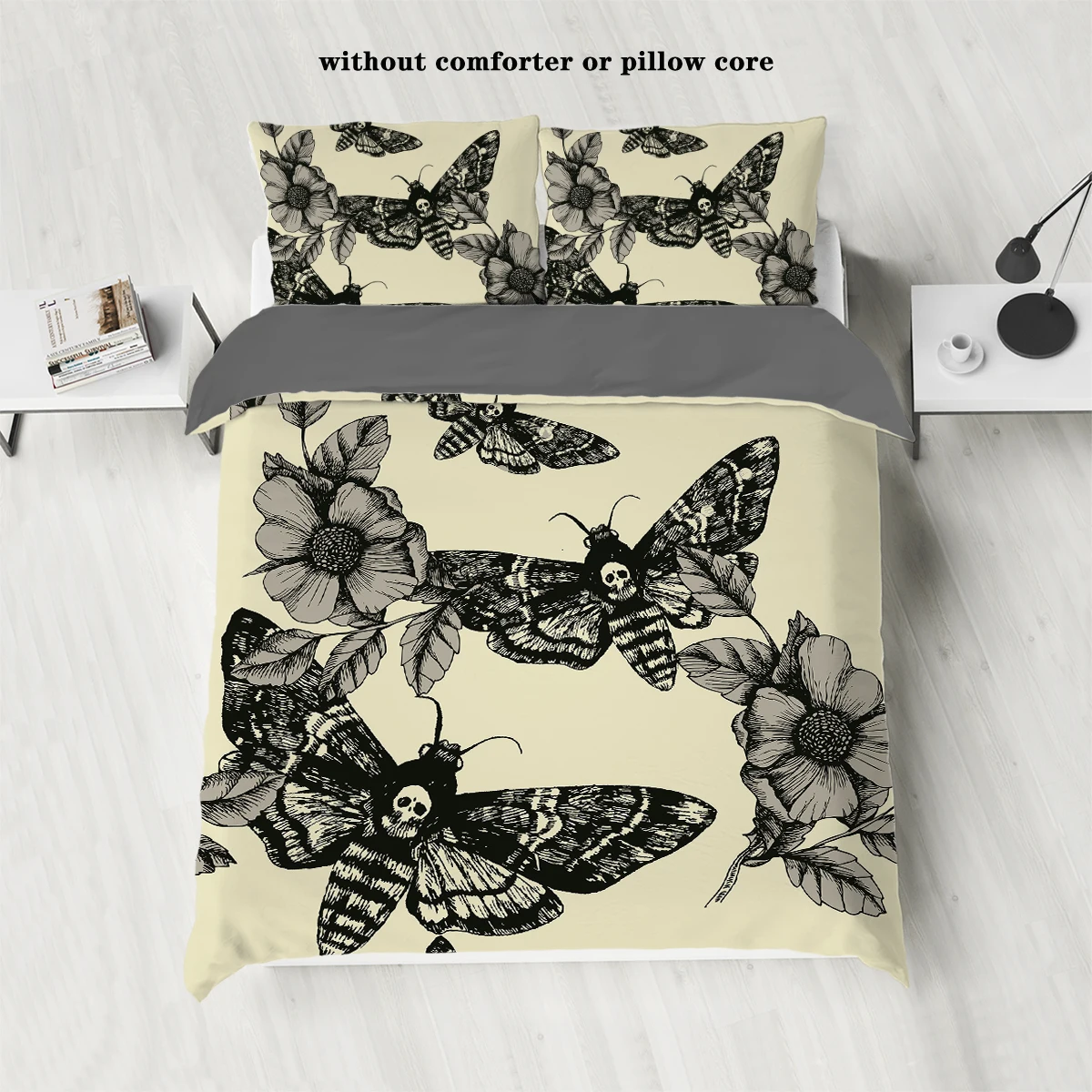 3pcs duvet set bedding set with moth skulls and flowers, soft and skin friendly, Gothic style, decorating teenage rooms