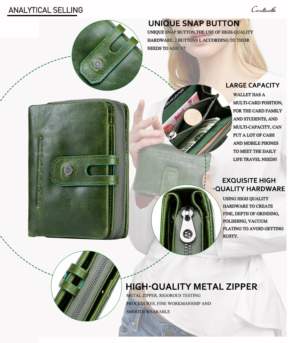 Contacts\'S Fashion Women Short Wallets Genuine Leather Woman Wallet Zipper Coin Purse With Card Holder Money Bags Large Capacity