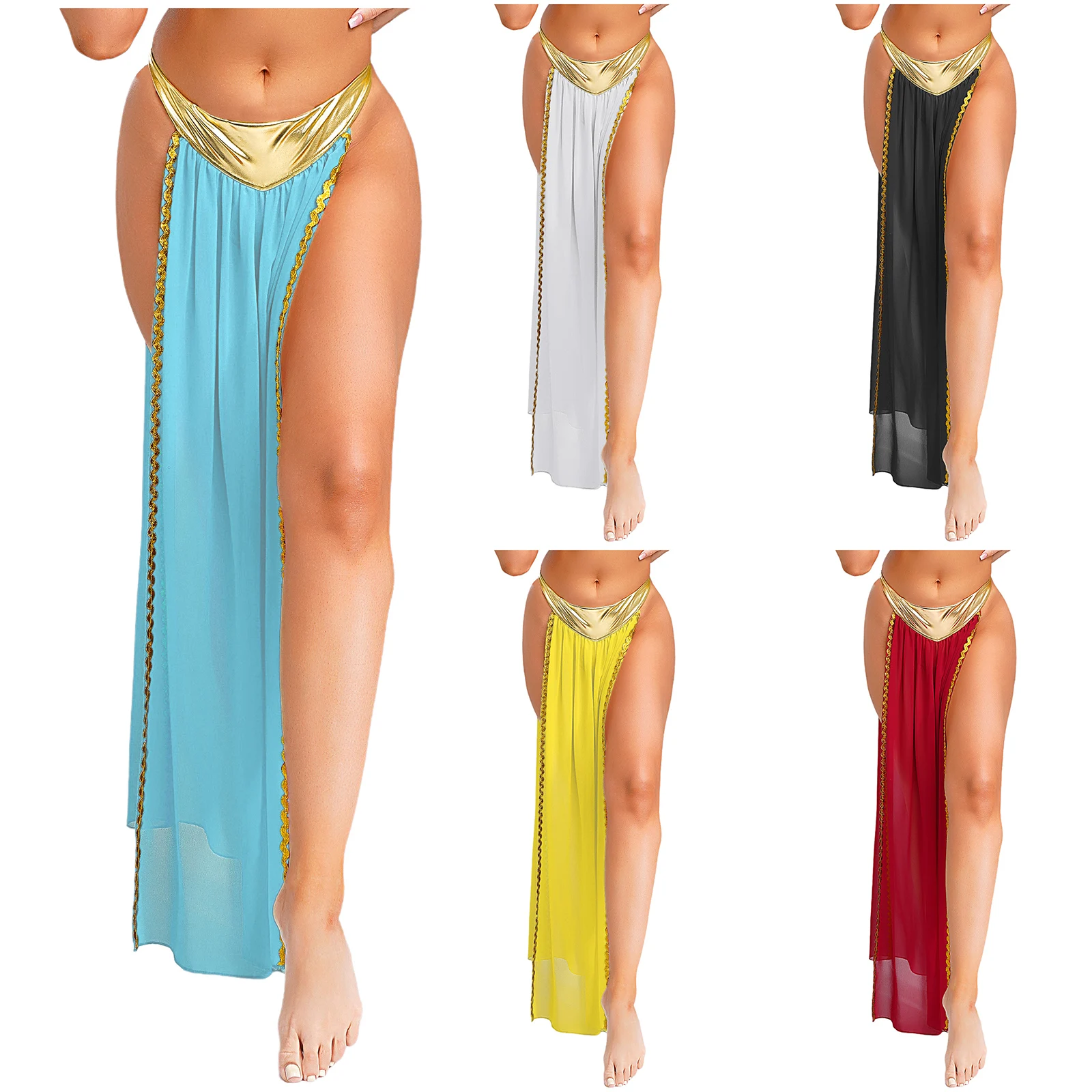 Saia feminina para cosplay da rainha egípcia antiga, cuecas metálicas brilhantes com saia de chiffon, acabamentos dourados, saia com fenda lateral para o dia das bruxas