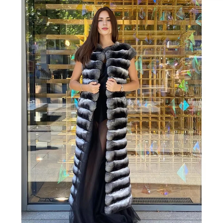 Women Real Rex Rabbit Fur Chinchilla Colour Winter Jacket Natural Rabbit Fur Vest Long Genuine Fur Vests Luxury Best Selling