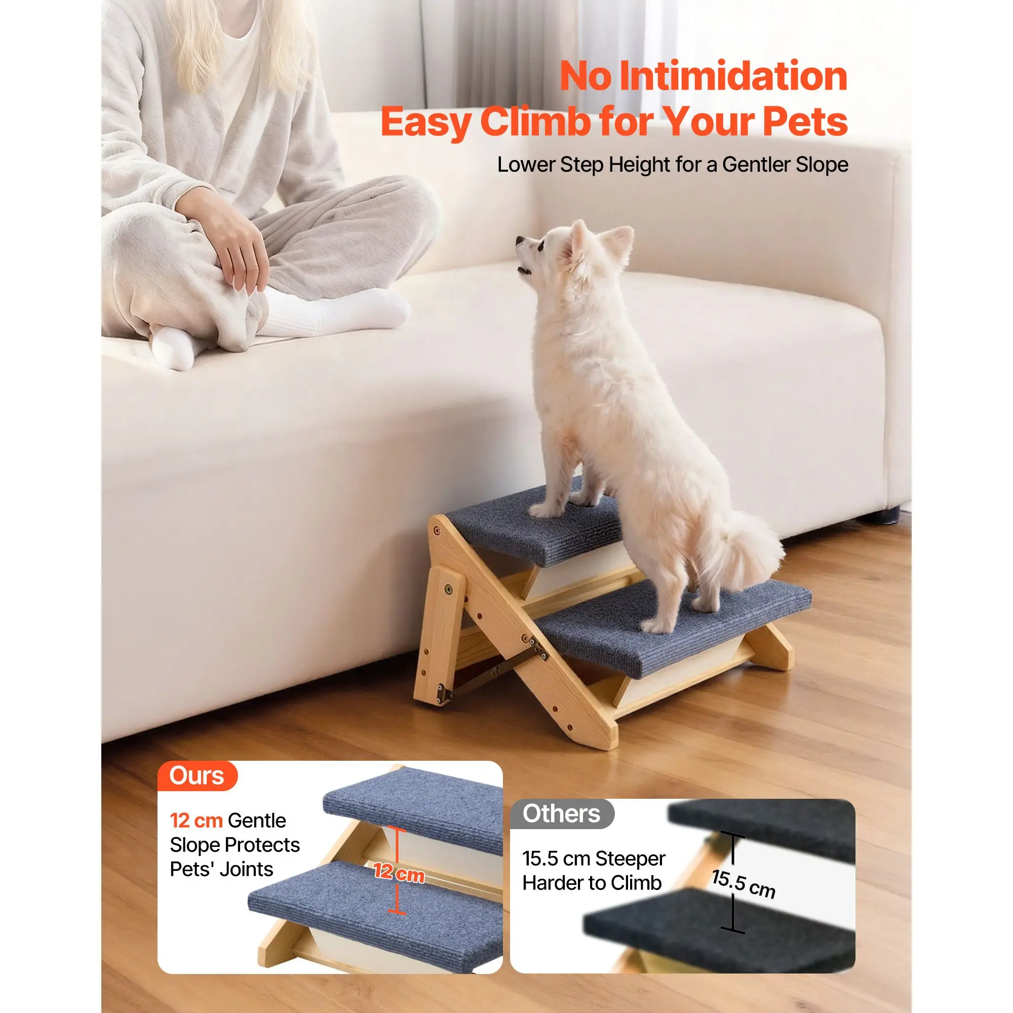 Wood Pet Stairs, 2-Step Dog Stairs for Beds, Sofa & Cars, 110Lbs Load Capacity, Floded Flat Design, Stable & Sturdy Cat & Dog