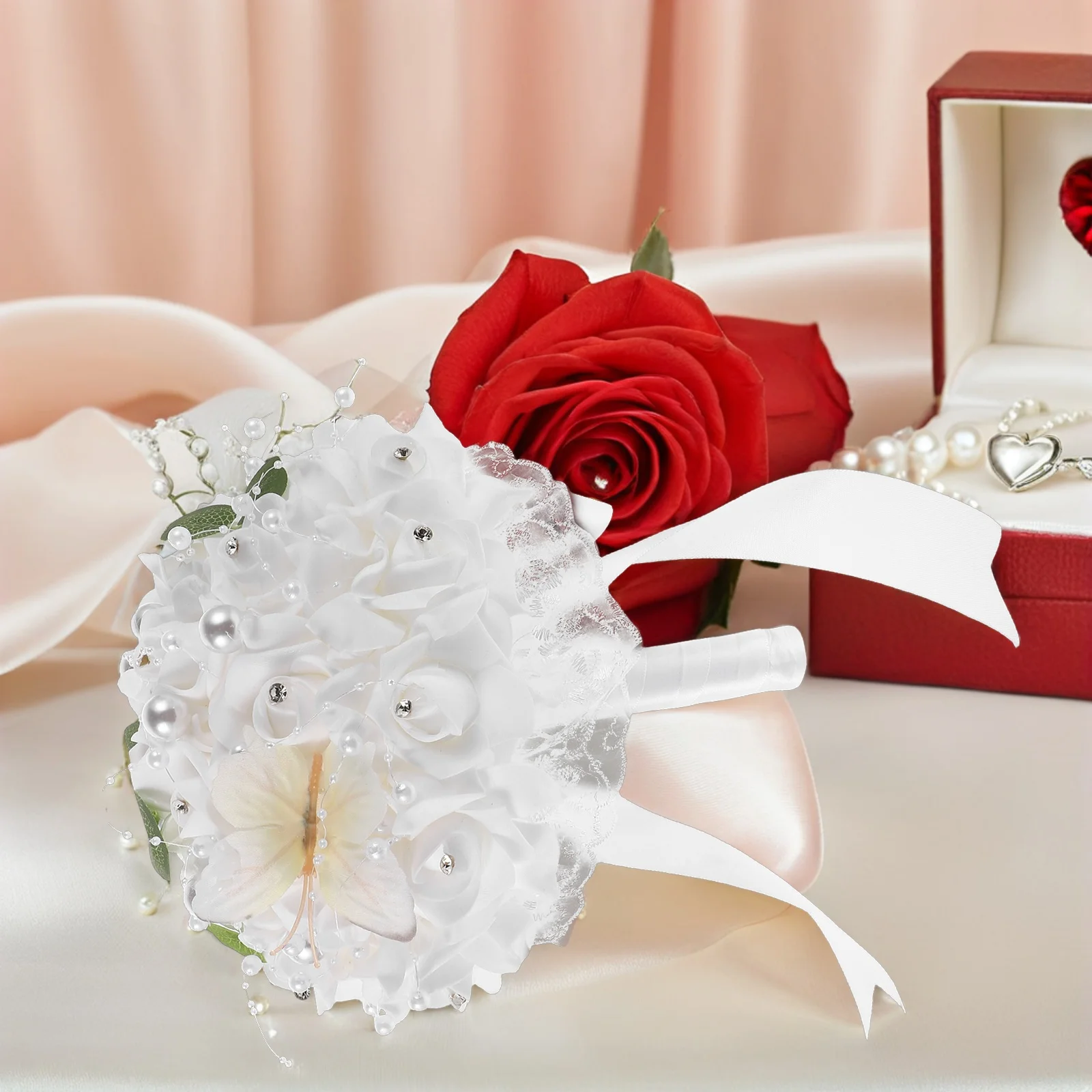 

Elegant Bridal Wedding Hand Bouquet Artificial Roses Bridesmaid Fake Flowers Lightweight Realistic Design Pearl Decoration For