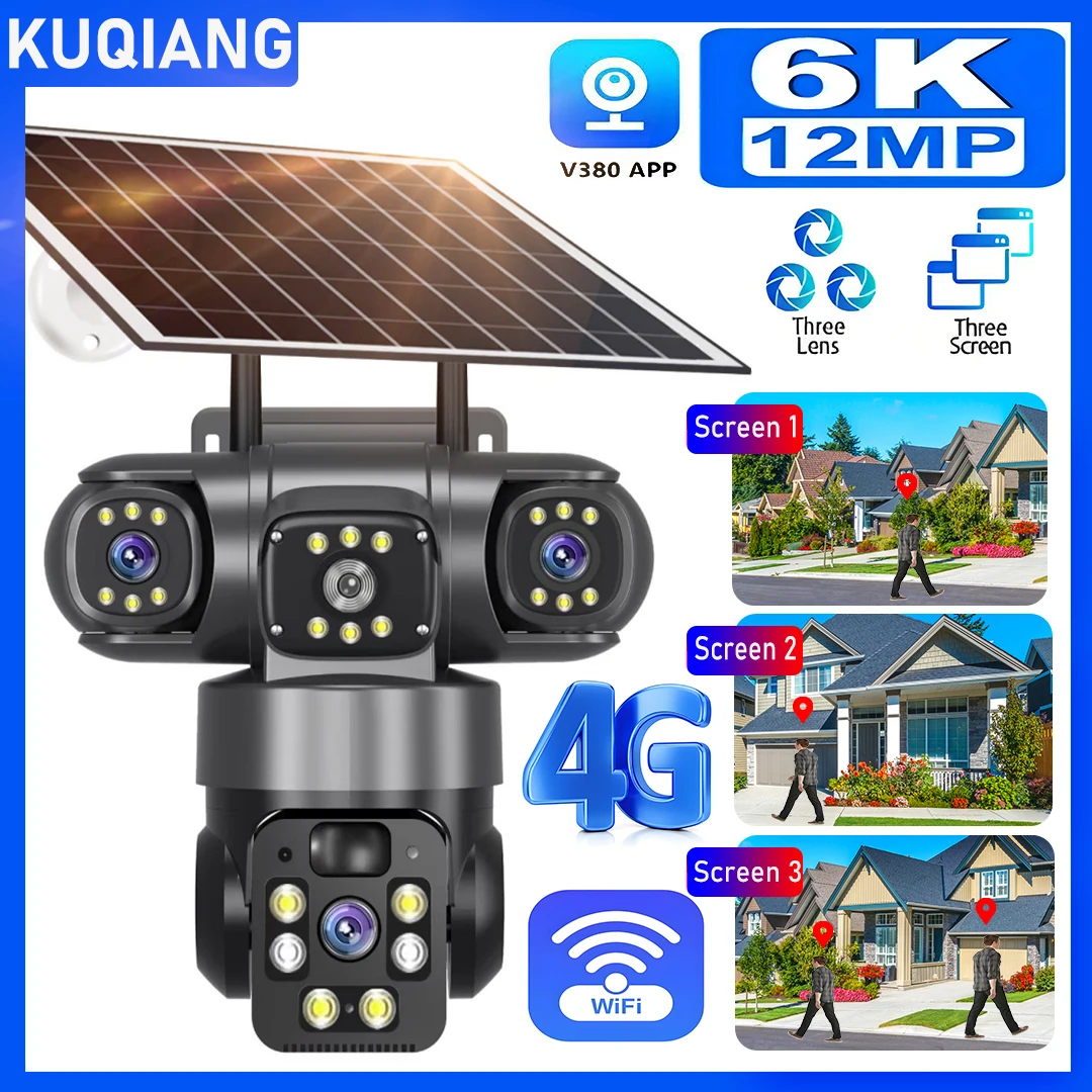 

12MP 6K 3 Lens 3 Screen 4G Outdoor Solar Camera Wireless WiFi IP Cameras PIR Auto Tracking Solar Security CCTV Surveillance Cam