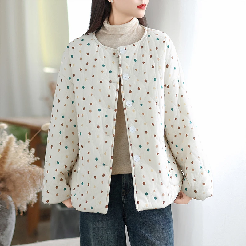 Ultra Soft Winter Cotton Jacket Women's Loose Lightweight Long Sleeve Polka Dot Print Single Button Closure Cotton Coat