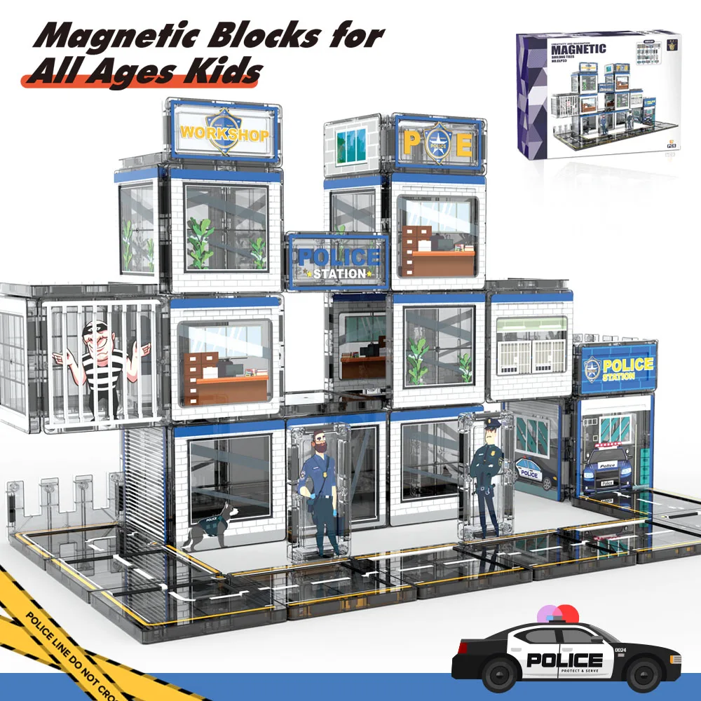 Magnetic Tiles Police Station Theme Building Blocks Kids Boys Girls Montessori STEM Educational Construction Toys for Ages 3+