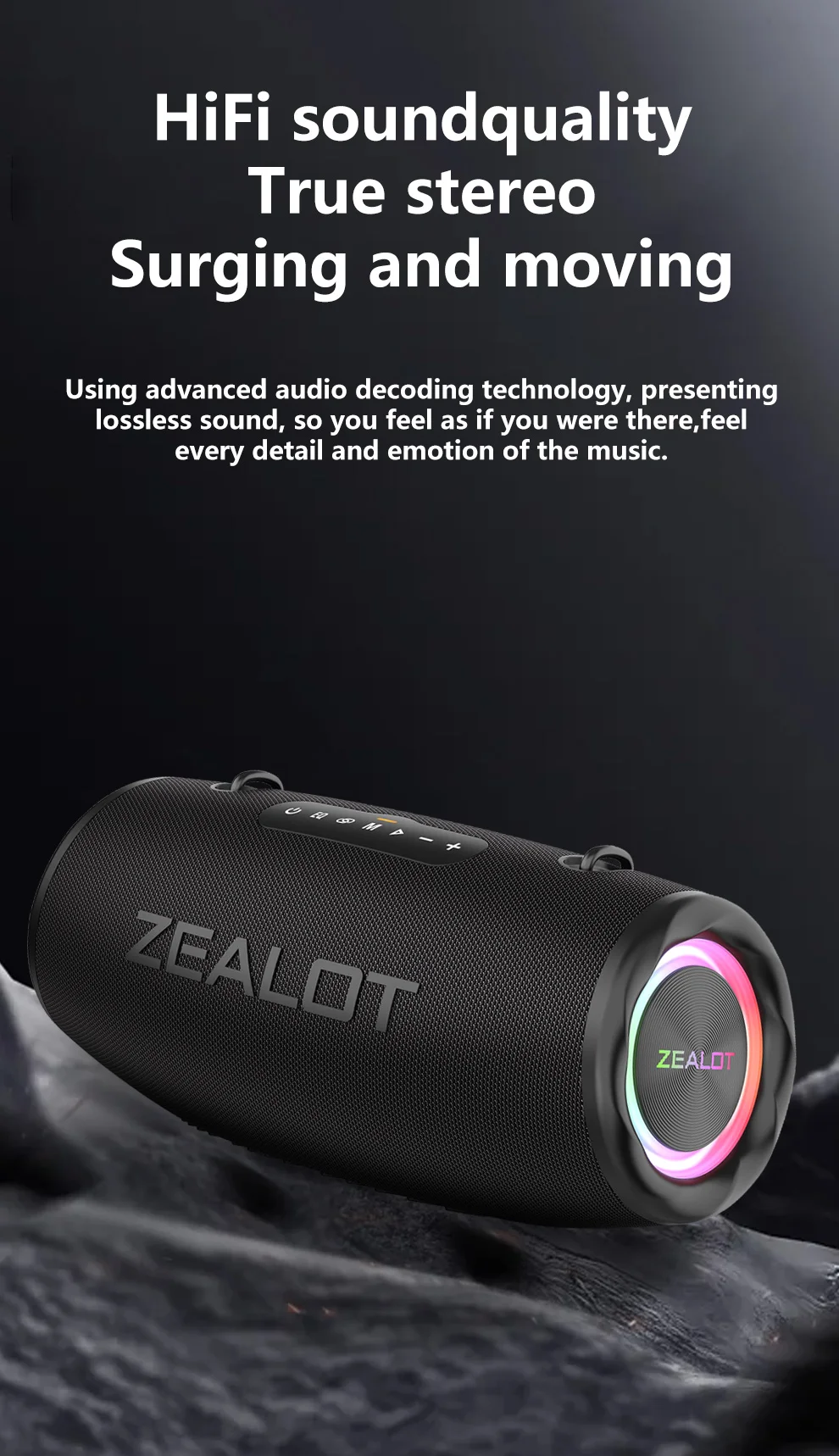 ZEALOT-S87 80W Hochleistungs-Bluetooth-Lautsprecher Tragbarer RGB-Farbbeleuchteter Wasserdichter Kabelloser Subwoofer 360° Stereo-Surround – Detail 8