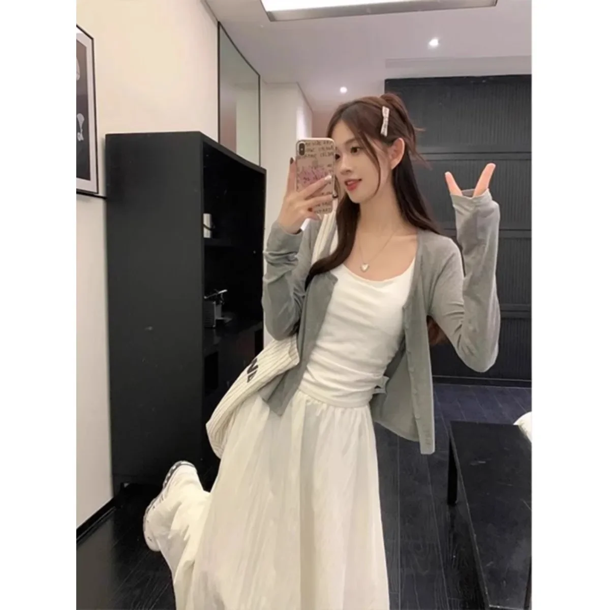 رمادي سليم صالح محبوك سترة مفتوحة كم طويل ملابس خارجية غير رسمية بسيطة تنوعا العلامة التجارية المرأة طاقم الرقبة البلوز الأعلى #4