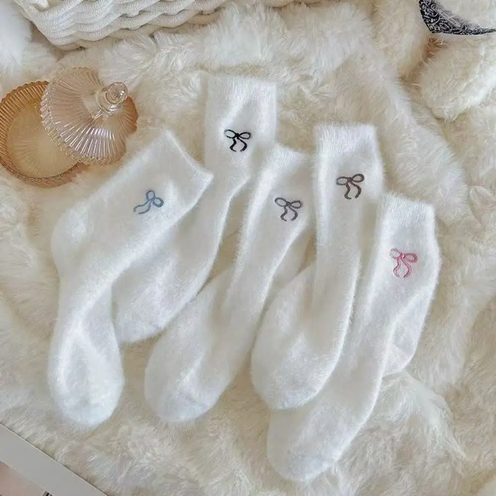 

Fashion Hosiery Sweet Bow Mink Velvet Socks Thickened Hairy Fluffy Socks Cozy White Color Warm Socks Indoor Use