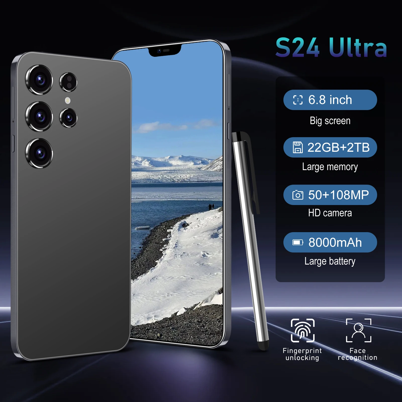 Новая модель S24 UItra, 6,8 дюйма, 2025, оригинальный смарт-телефон 5G, двойная карта, двойной режим ожидания, система Android14, аккумулятор 8000 мАч