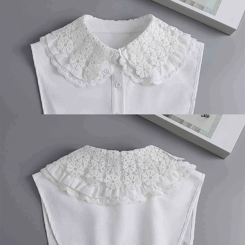 Women Multi Layered Lapel Faux Collar Layering Vintage for Doll White Half Shirt Blouse Dickey Hollow Out Embroidery Floral Lace