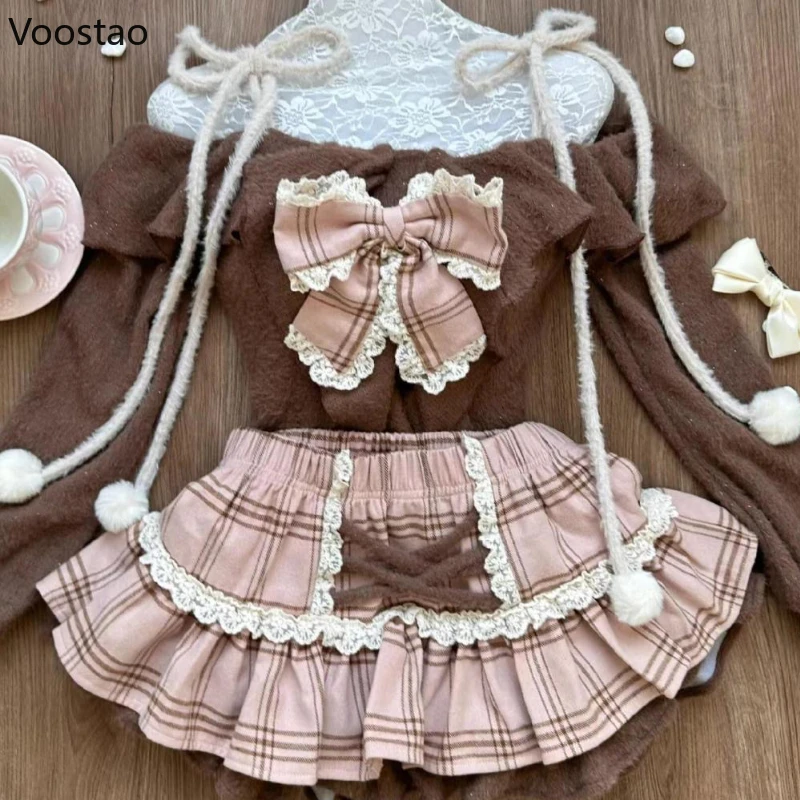 Japanese Fashion Sweet Lolita 2 Piece Sets Women Retro Brown Tops Fluffy Cake Skirt Female Off Shoulder Kawaii Slim Vintage Suit