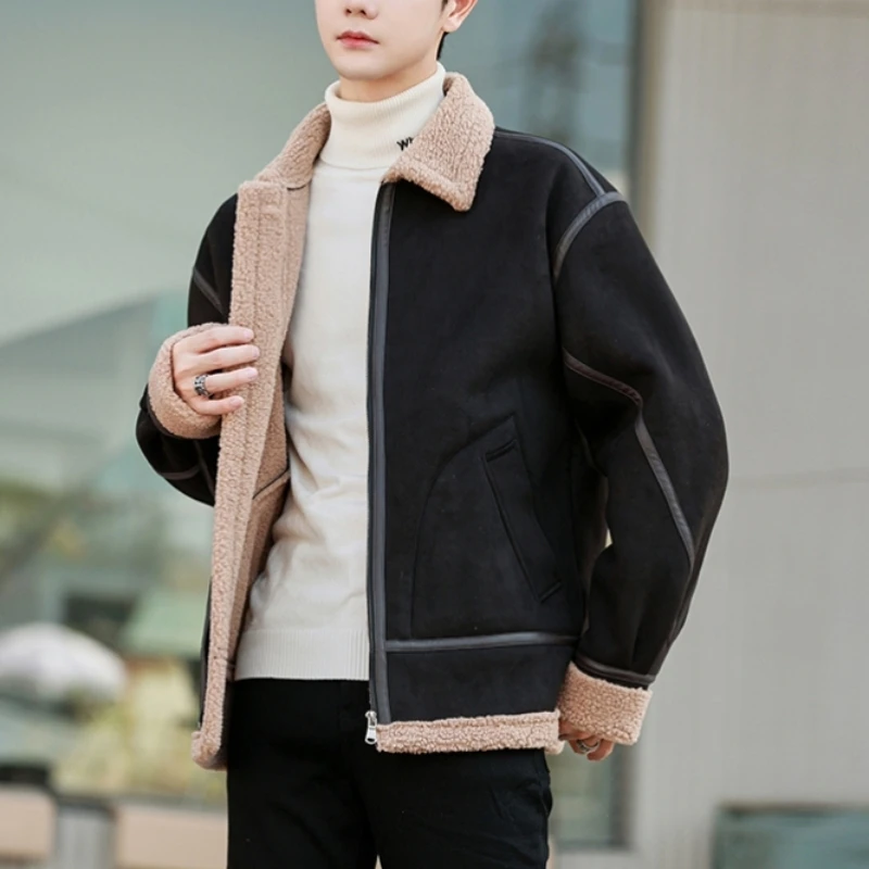 2023 Autumn and Winter Men's New Polo Collar Panel Zipper Pocket Suede Fashionable Casual Selling Long Sleeved Cotton Coat