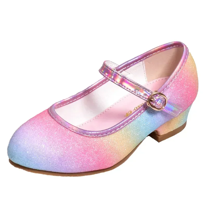 Princess Shoes for Girls Spring Autumn Glitter Fashion Kids Dress Leather Shoe Rainbow Sequins Children Party Wedding High Heels