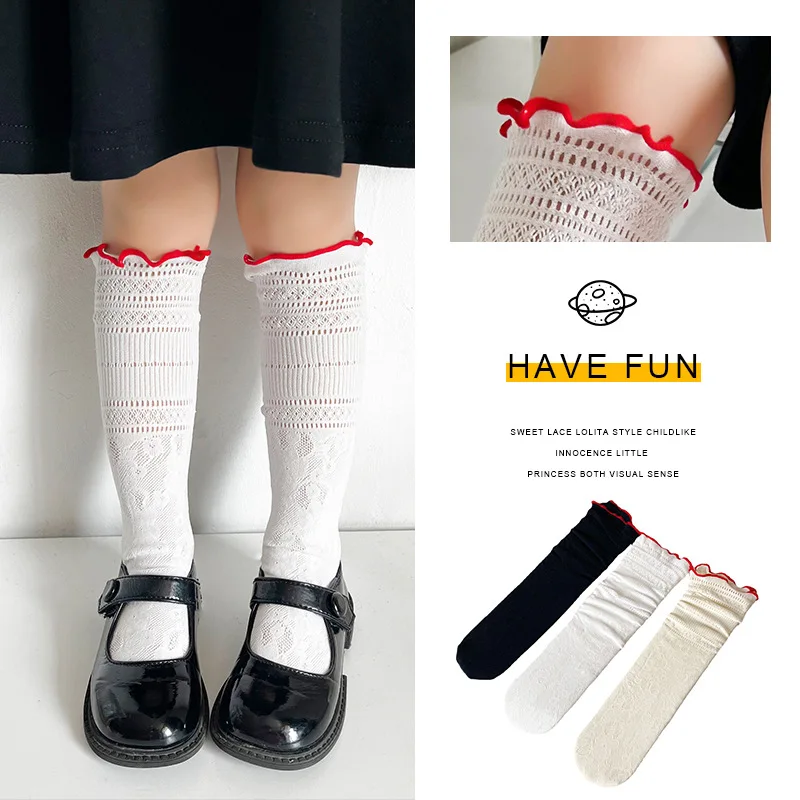 Hollow Flower Pattern Knee Socks Girls' Summer Thin Breathable High Density Long Stockings with Mushroom Edges