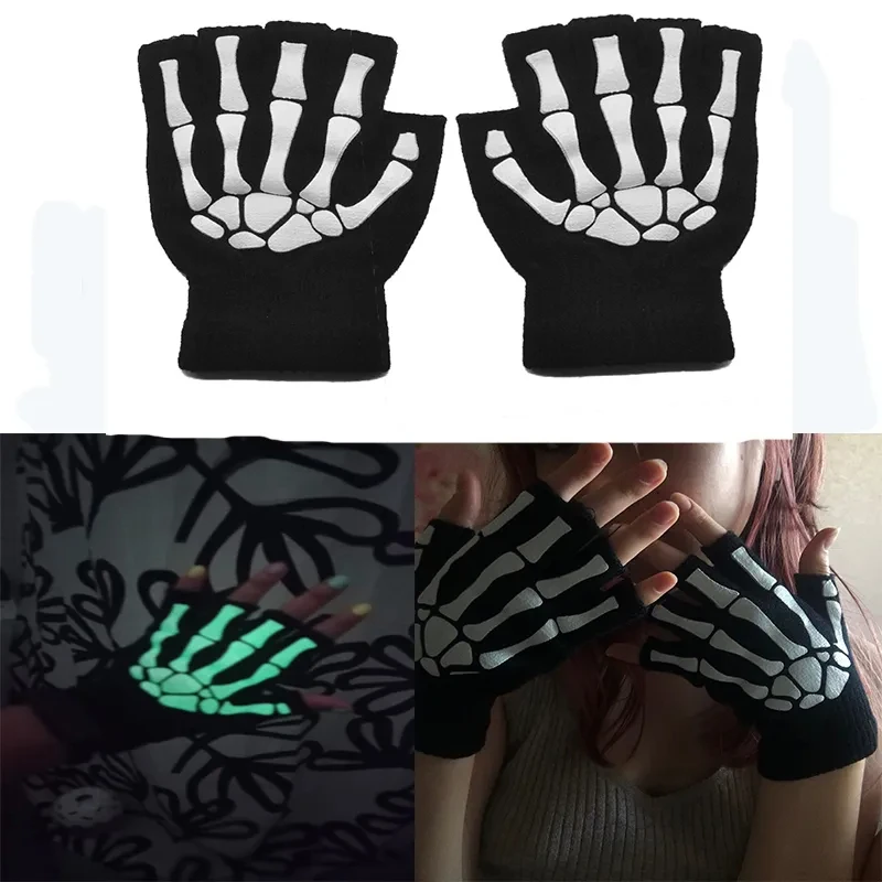 New Punk Gloves Unisex Halloween Skeleton Skull Half Finger Gloves Glow In The Dark Fingerless Stretch Knitted Winter Mittens