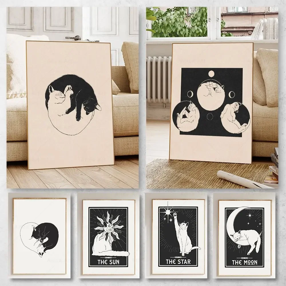 Affiche de chat Vintage inspirée des années 70, Phases de lune, chats Yin et Yang, astrologie, soleil, lune, étoile, chat, carte de Tarot, peinture murale, décor