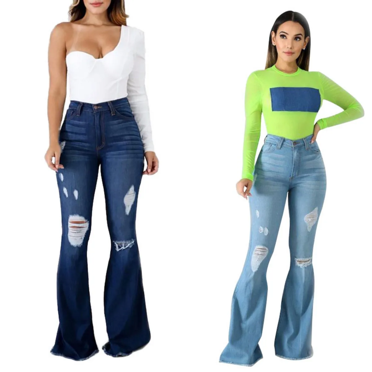 

2023 Spring New High Waist Ripped Flared Jeans For Women Fashion Stretch Slim Denim Pants Casual Female Clothing S-3XL Drop Ship