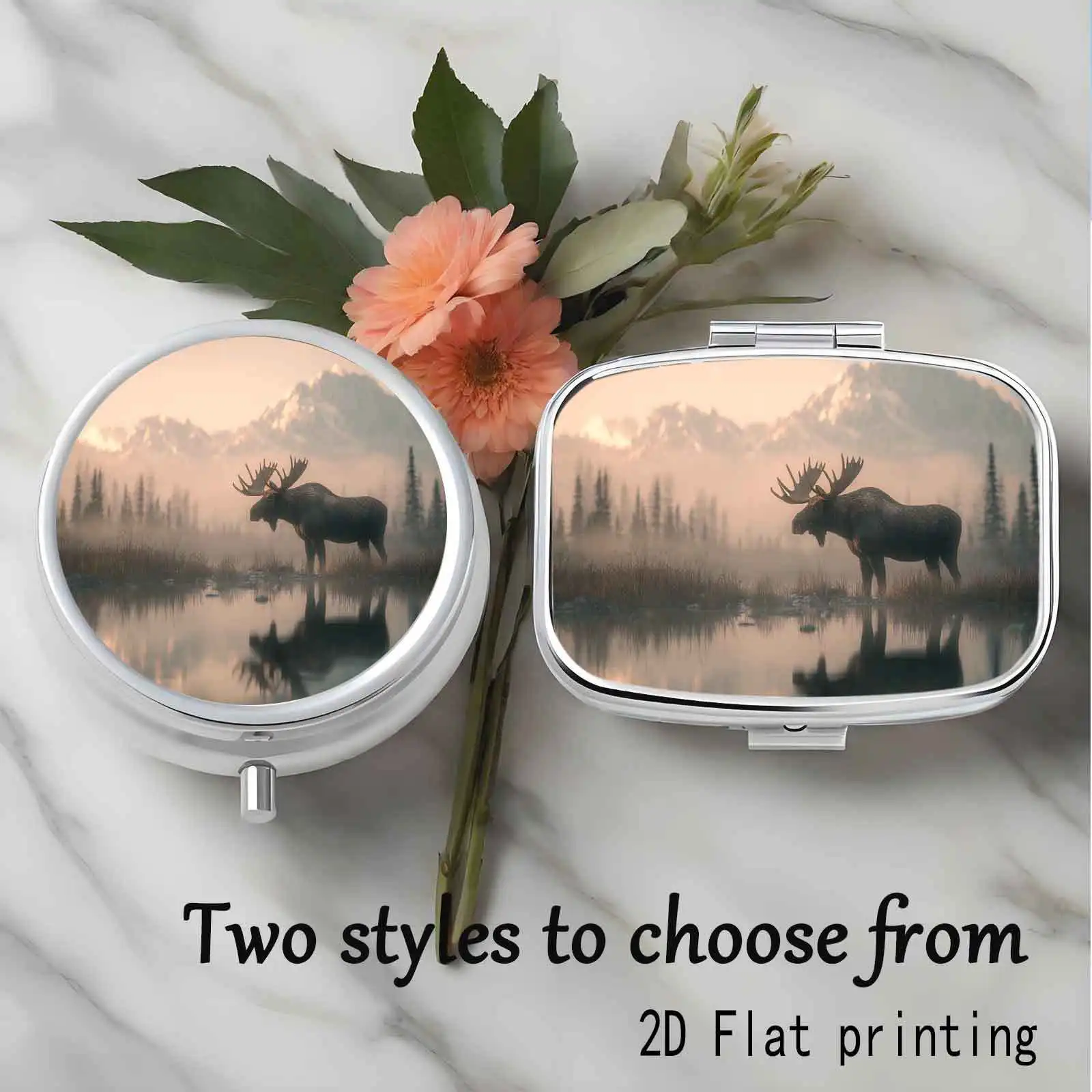 Morning Mist Moose Lake Mountain Pattern, Square and Round Two-Compartment Small Pill Box, Portable Medicine Storage, Small Jewelry Storage, Suitable for Handbags, Travel, Elegant Design, Polished Finish