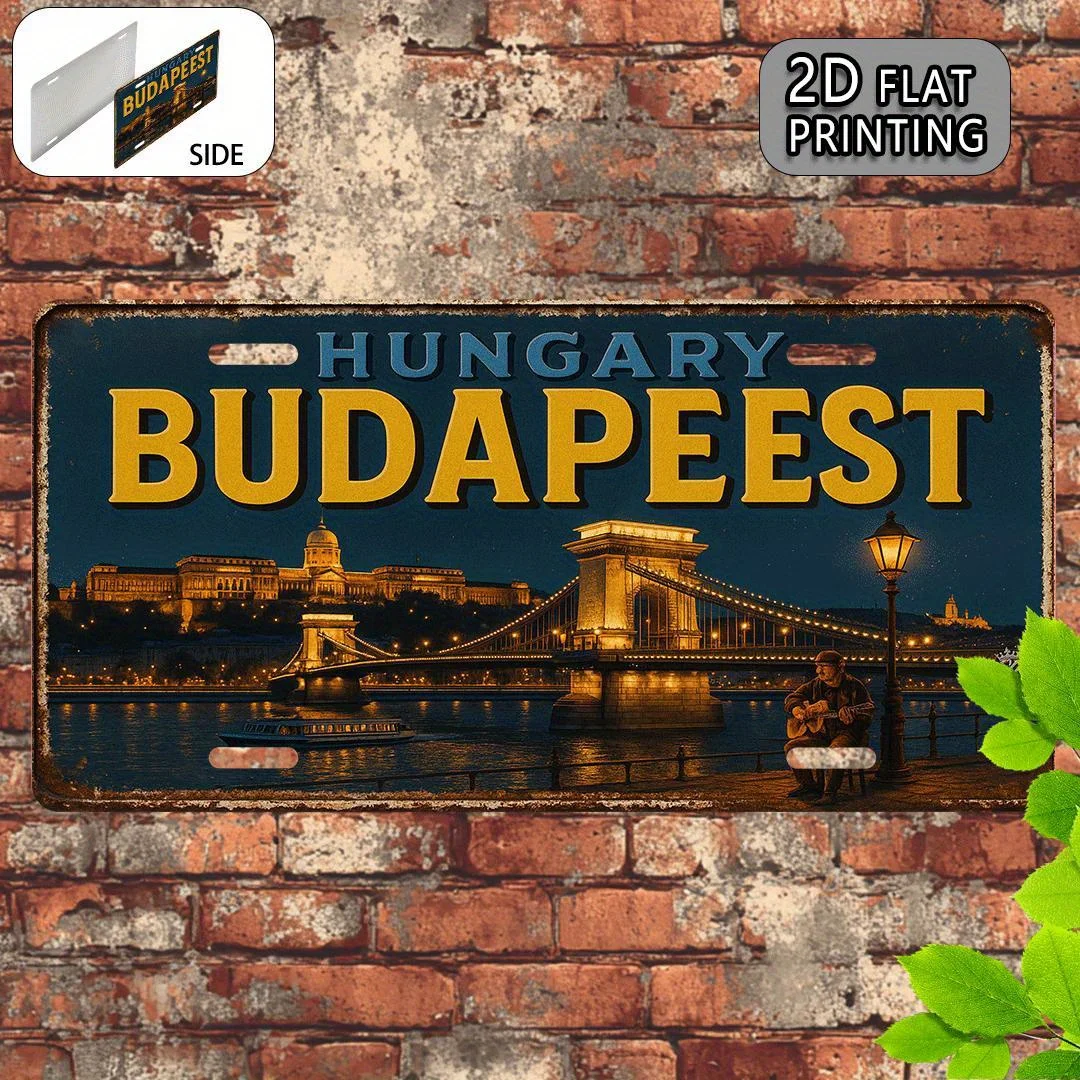 2D Hungary Budapest Chain Bridge Vintage Metal License Plate Retro Landscape Metal Sign Home Bar Wall Decor Plaque