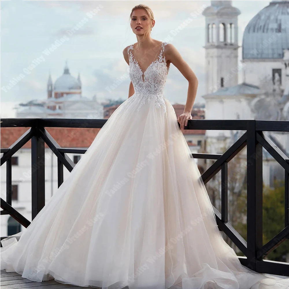 

Popular Tulle Satin Wedding Dresses For Women Sexy Sleeveless A-Line Bridal Gowns Newest Mopping Length Vestidos De Novias 2024