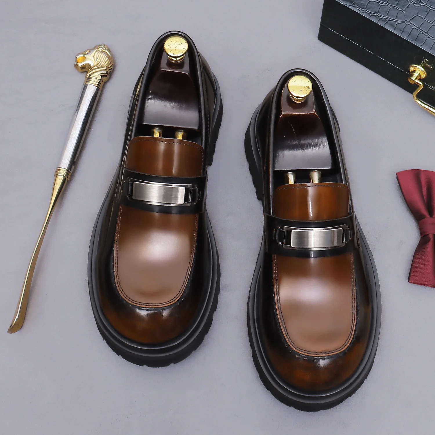 YETTIES Men's Patent Leather Loafers | Round Toe Chunky Sole Height-Increasing Low-Top Casual Shoes | British Style Student Foot