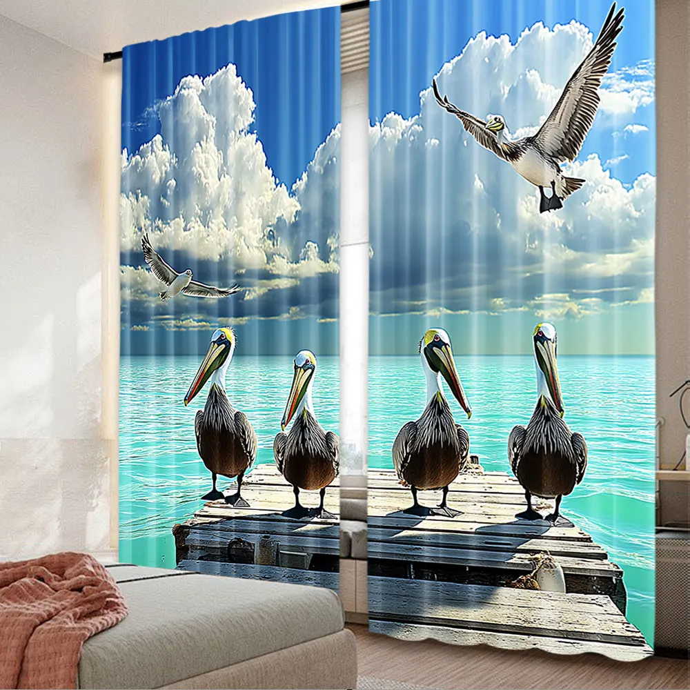 2Pcs Landscape Curtain Tropical Sea View With Exotic Birds Pelicans Caribbean Beach Tranquil Photo For Bedroom Living Room