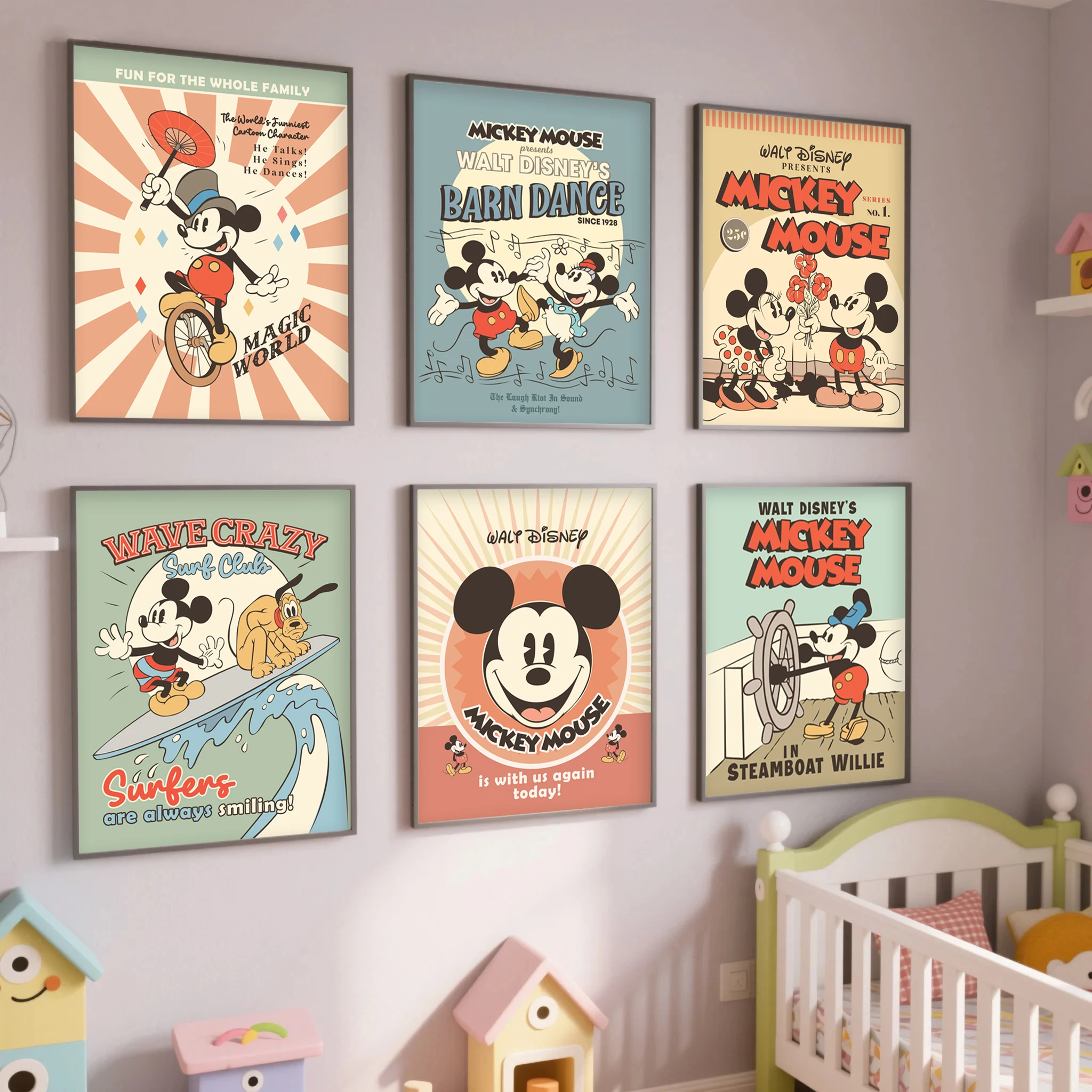 Mickey Party Kunstdrucke Vintage Geburtstagsgeschenke Poster Disneyland Party Leinwandgemälde Mädchen Jungen Zimmer Wanddekoration